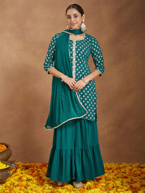 Janasya Women's Teal Green Georgette Embellished Foil Printed Straight Kurta With Sharara & Dupatta
